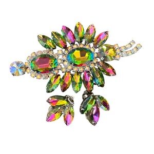 Vintage Austrian-Style Watermelon Vitrail Rhinestone Brooch & Clip Earrings